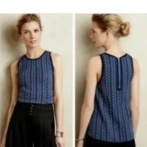 POSTMARK Anthropologie Sleeveless Blue White Textured Black Trim Back Zipper Top